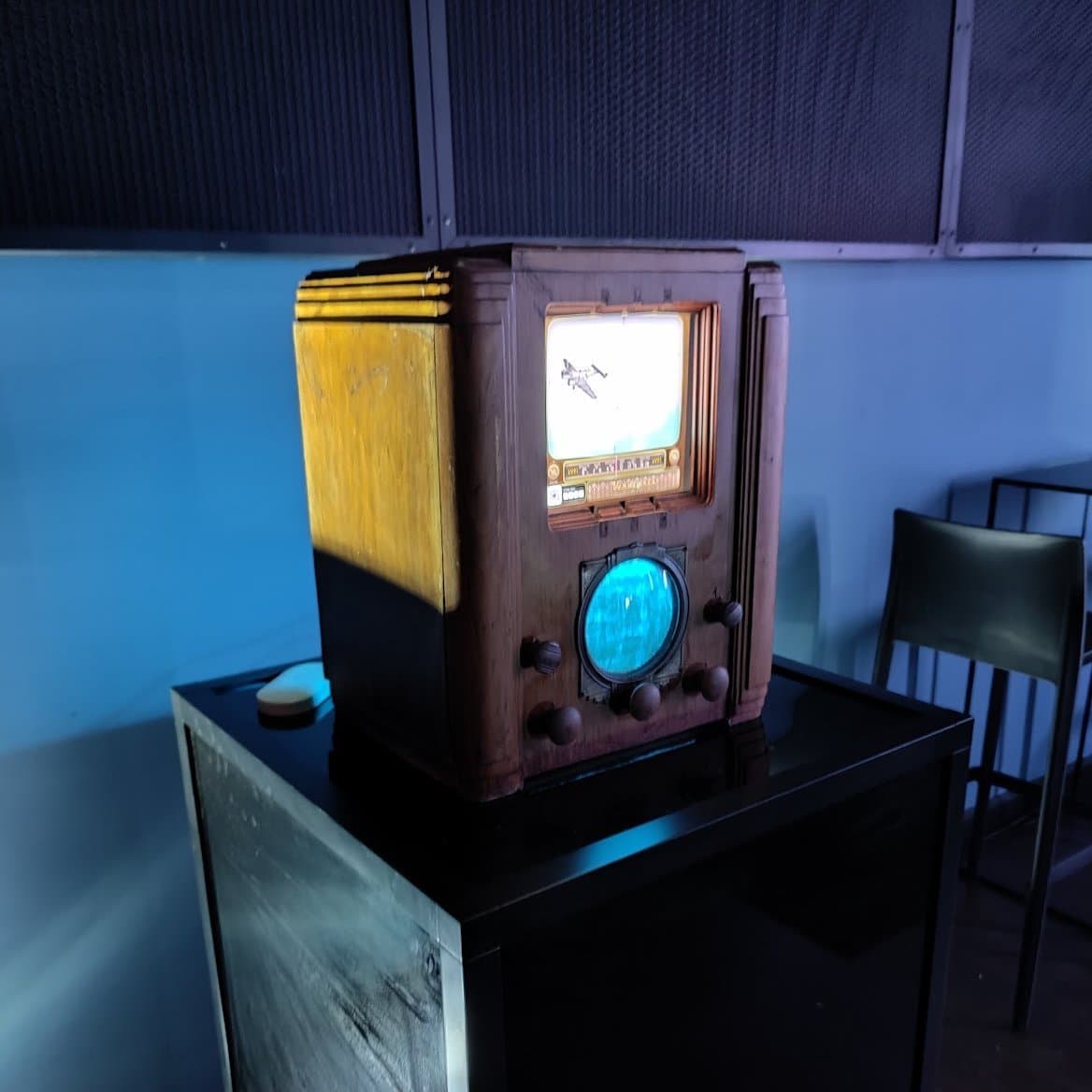 Detail of the Betty's Notebook physical radio screen and controls
