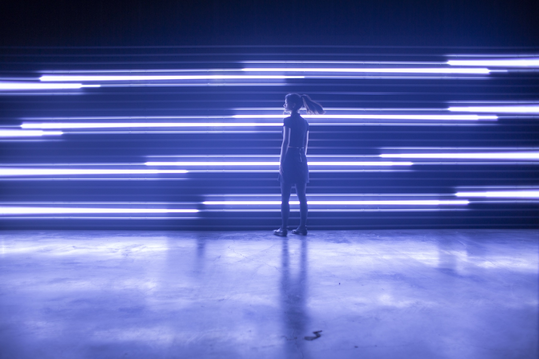 Visitor silhouetted in front of horizontal light bars in ECLIPSE by NONOTAK
