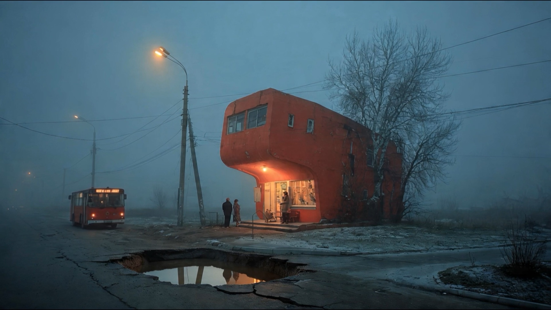 Still from Gurbet showing a red building and bus in a fogged synthetic city