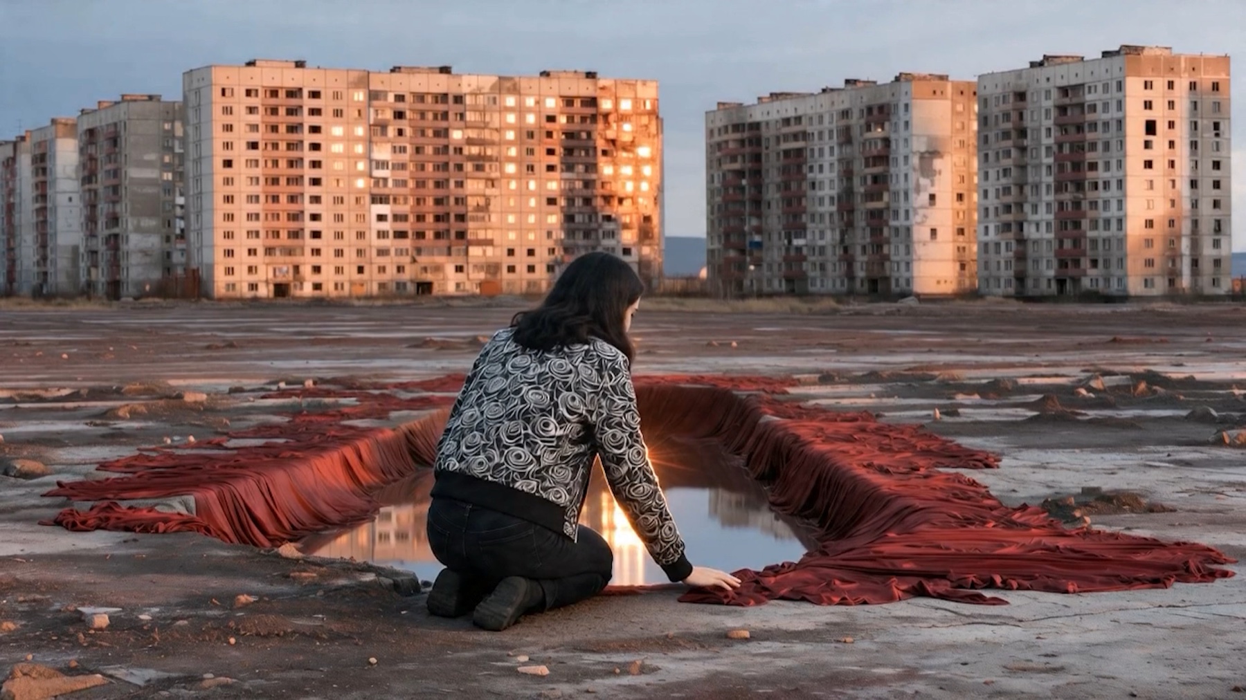 Still from Gurbet showing a red fabric-lined pool between apartment blocks
